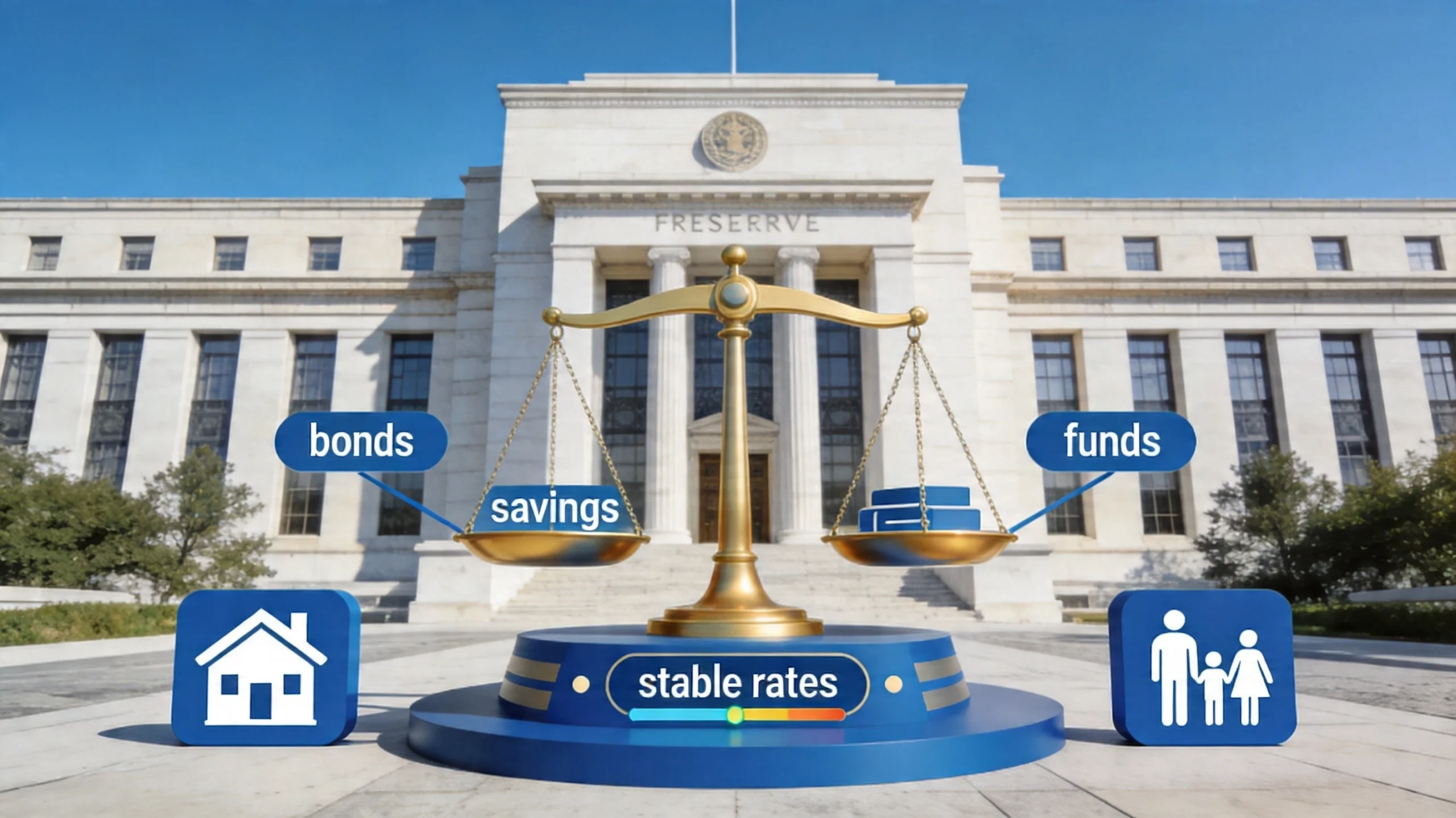 家庭资产配置概念图，美联储建筑背景，天平展示债券、储蓄、基金等投资选项 配图