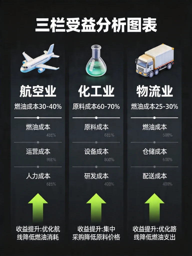 三大受益行业成本结构分析，航空燃油成本30-40%、化工原料成本60-70%、物流燃油成本25-30%
