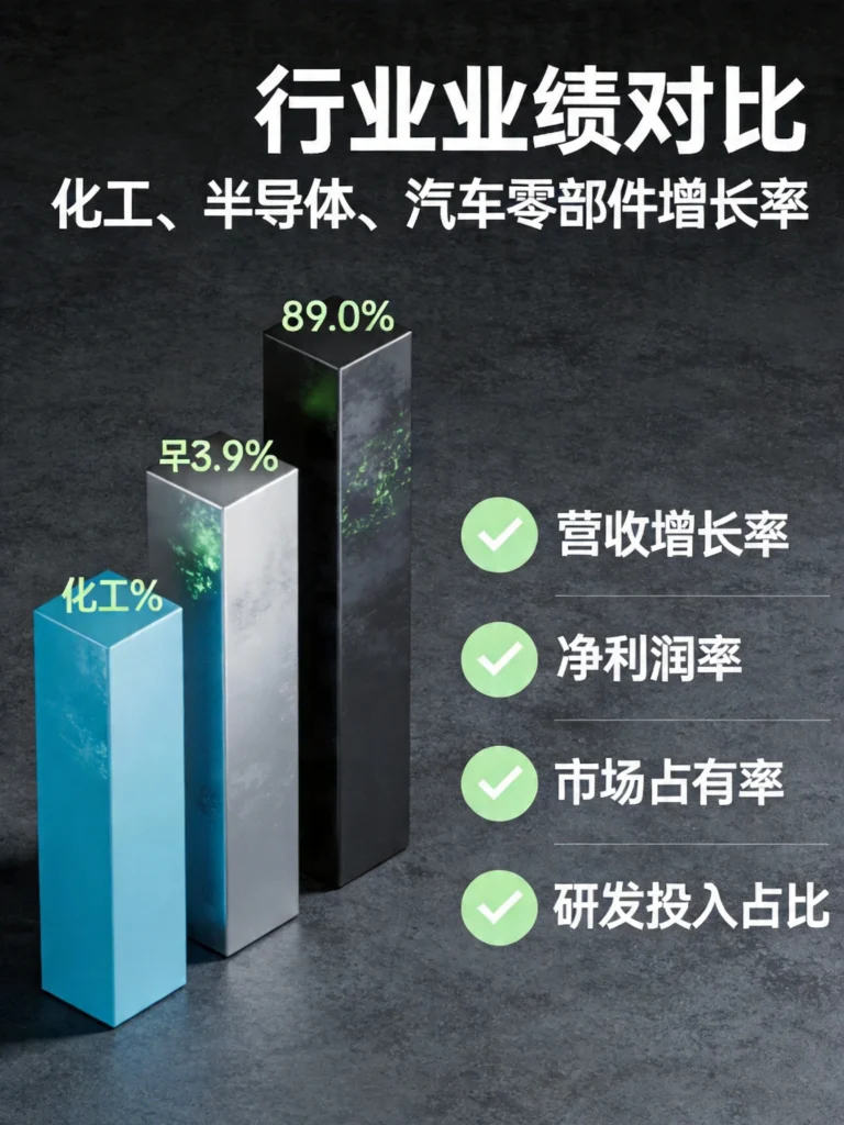 三大高增长行业业绩对比图，化工、半导体、汽车零部件涨幅亮眼