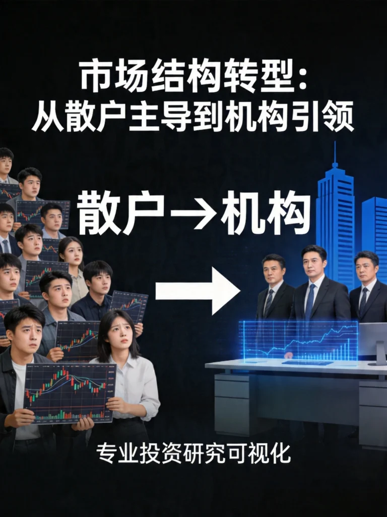 A股市场结构转型图，从散户主导向机构主导转变的趋势示意