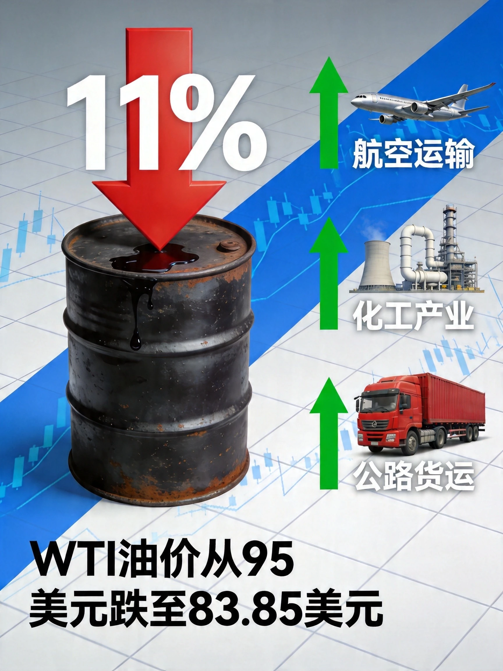 原油价格暴跌11%，航空、化工、物流三大受益行业图标展示