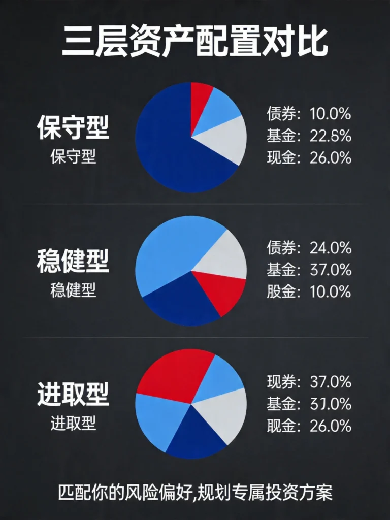三种风险偏好家庭资产配置对比，保守型、稳健型、进取型的配置饼图差异明显