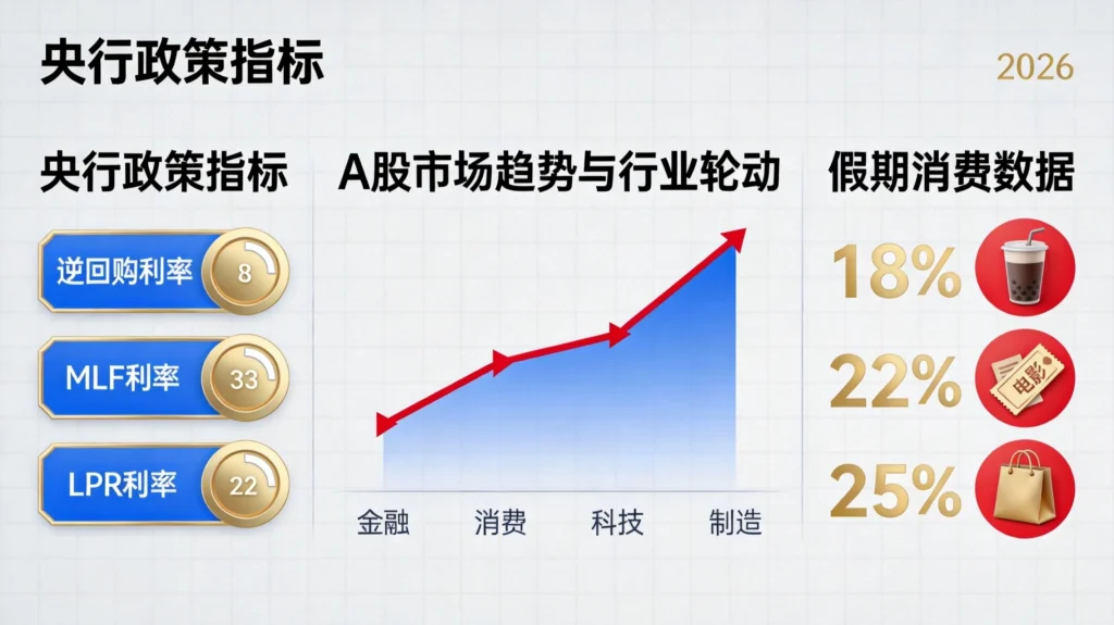 A股节前行情分析图,涵盖央行政策走向与五一假期消费数据预期。