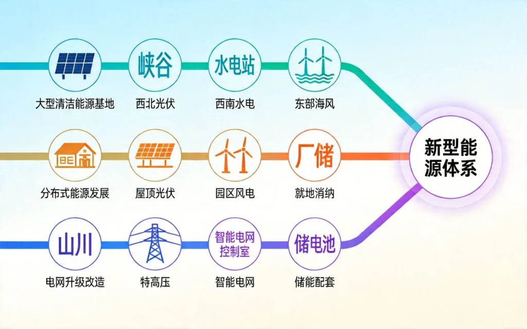 三大核心建设方向，大型基地、分布式能源、电网升级路径