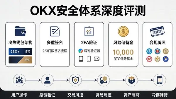 OKX安全体系信息图:冷热钱包、多重签名、2FA验证、保险基金、合规牌照五大模块与纵深防护流程